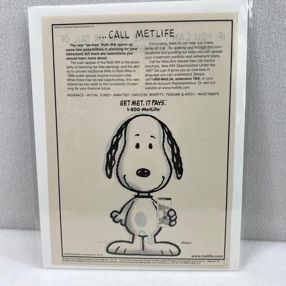 MetLife Print Ad OS Snoopy Vintage 1998 Magazine Advertisement Peanuts Ephemera